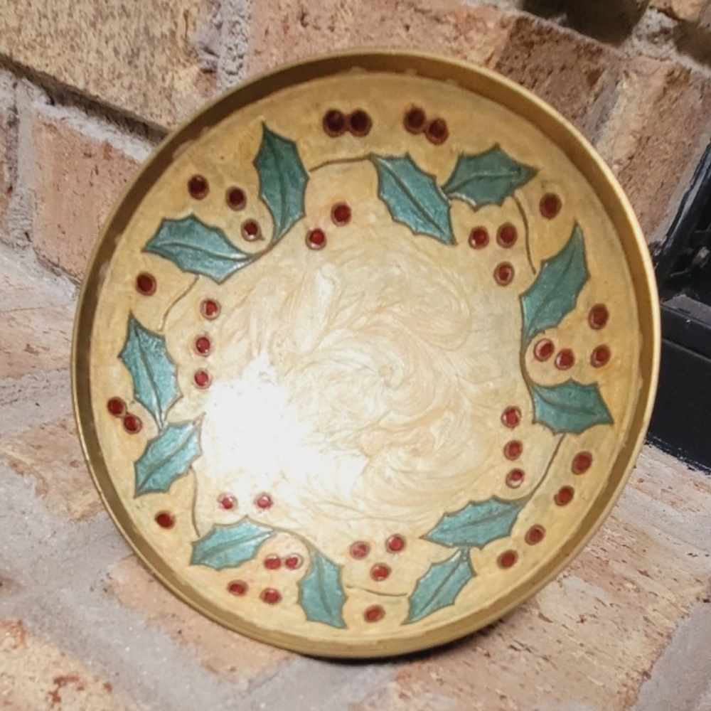 Vintage Brass Cloisonne Enamel 6in Bowl Christmas HOLIDAY Flowers Elegant